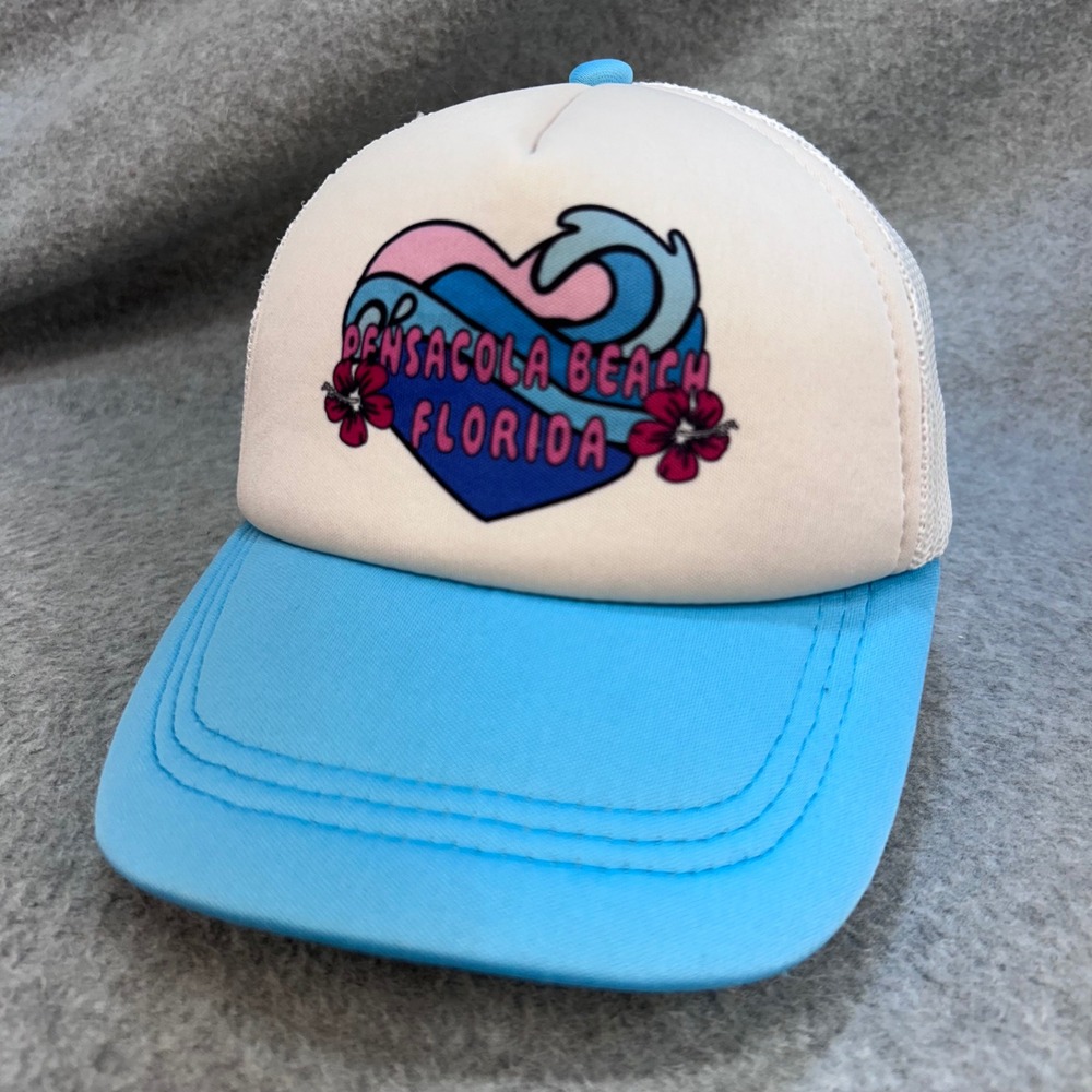 Pensacola Beach Florida Kids Blue DK Caps Trucker Hat Heart Wave Snapback OSFM
